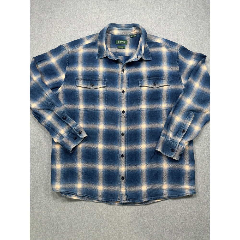 Orvis Mens XL Active Fit Flannel Shirt Blue Plaid Herringbone Long Sleeve Button